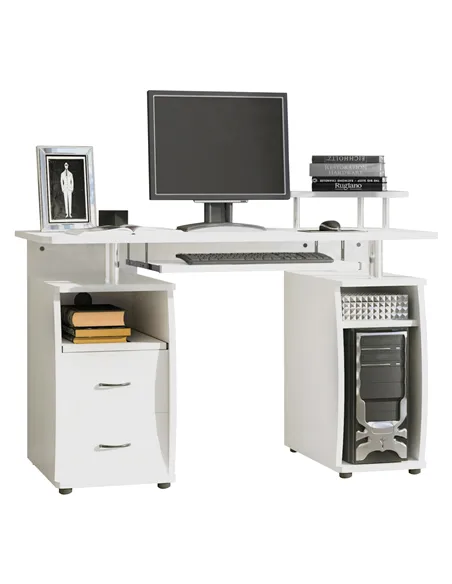 HOMCOM Computer Desk Office PC Table Workstation with Keyboard Tray, CPU Shelf, Drawers, Sliding Scanner Shelf, White