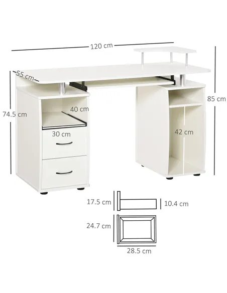 HOMCOM Computer Desk Office PC Table Workstation with Keyboard Tray, CPU Shelf, Drawers, Sliding Scanner Shelf, White