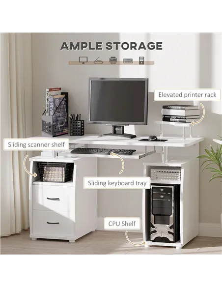HOMCOM Computer Desk Office PC Table Workstation with Keyboard Tray, CPU Shelf, Drawers, Sliding Scanner Shelf, White