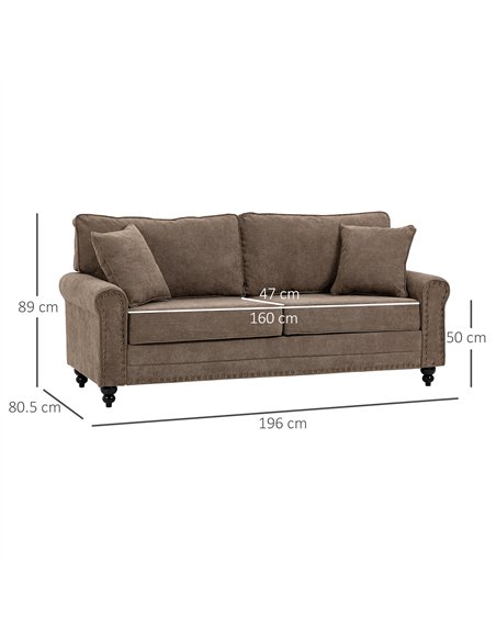 HOMCOM 3 Seater Sofa, Fabric Couch with Rubber Wood Legs, 3 Seater Settee with Extra Padded Cushions and Pillows for Living Room