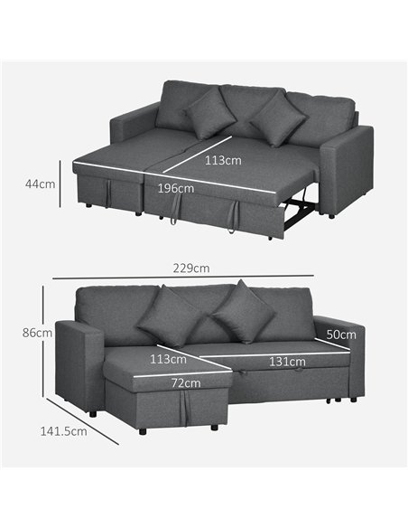 HOMCOM Corner Sofa Bed with Storage, 3 Seater Pull Out Sofa Bed, Convertible L Shape Sofa Couch with Reversible Chaise Lounge fo