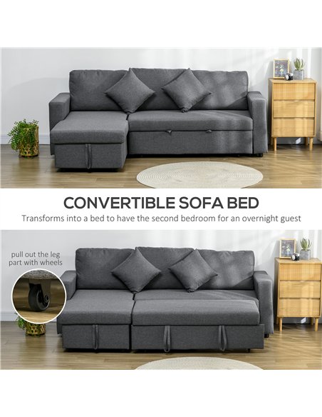 HOMCOM Corner Sofa Bed with Storage, 3 Seater Pull Out Sofa Bed, Convertible L Shape Sofa Couch with Reversible Chaise Lounge fo