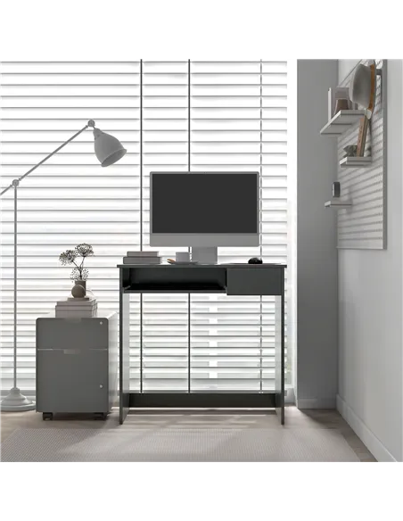 HOMCOM Compact Computer Desk with Keyboard Tray and Drawer, Study Desk, Writing Desk for Home Office, Grey