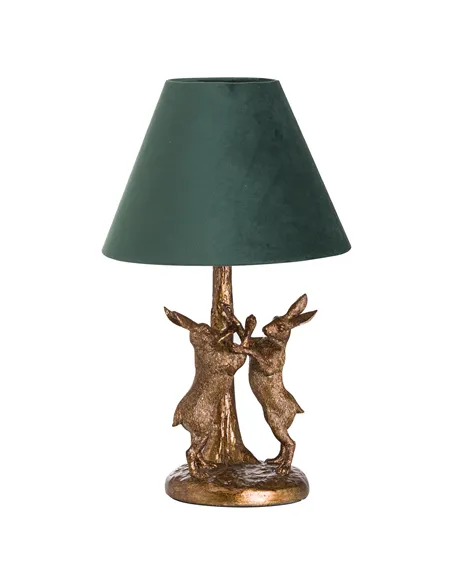 Hill Interiors Antique Gold Marching Hares Lamp With Green Velvet Shade 20695