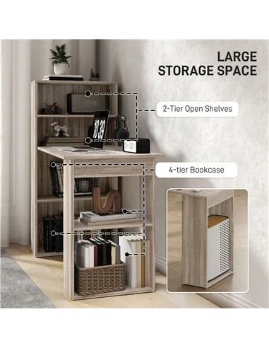 HOMCOM 120cm Computer Desk, Wooden PC Laptop Table with 6-Tier Storage Bookshelves, Home Office Working Study Desk, Writing Work