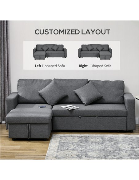 HOMCOM Corner Sofa Bed with Storage, 3 Seater Pull Out Sofa Bed, Convertible L Shape Sofa Couch with Reversible Chaise Lounge fo