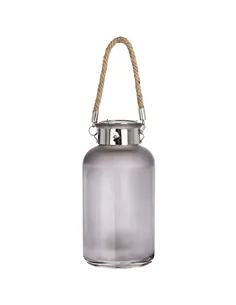 Hill Interiors Frosted Grey Glass Lantern with Rope Detail and LED 17201