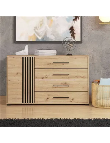 Asmara Oak Effect And Black 4 Drawer Sideboard, 3421