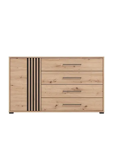 Asmara Oak Effect And Black 4 Drawer Sideboard, 3421
