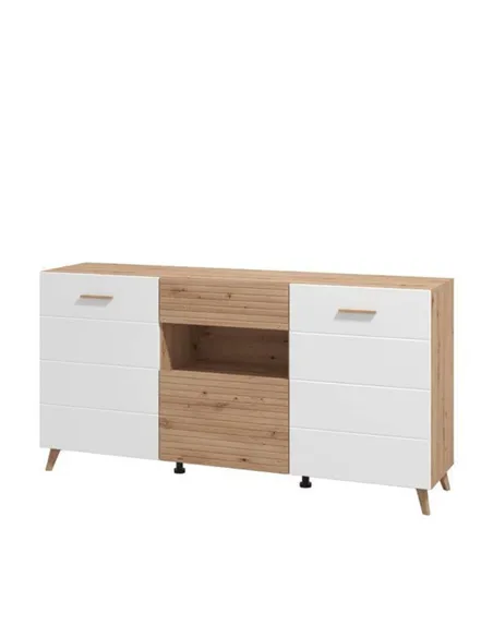 Bretanova Slatted Artisan Oak Effect And White Gloss Sideboard, 3426