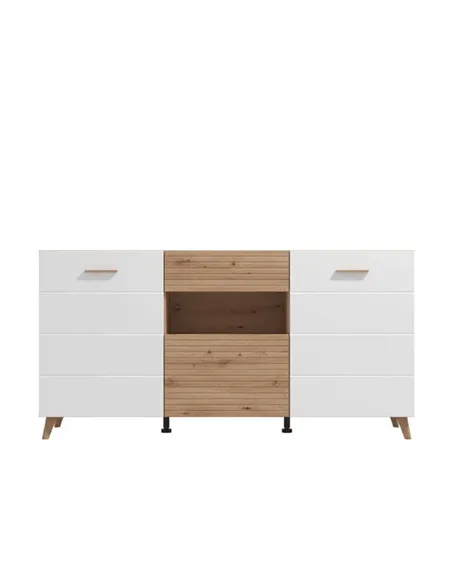 Bretanova Slatted Artisan Oak Effect And White Gloss Sideboard, 3426
