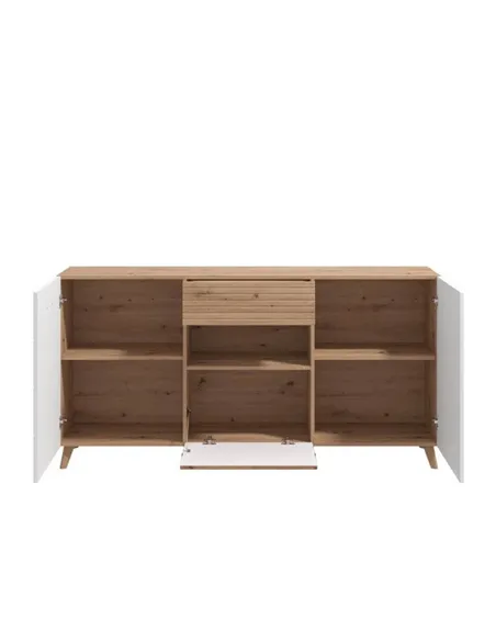 Bretanova Slatted Artisan Oak Effect And White Gloss Sideboard, 3426