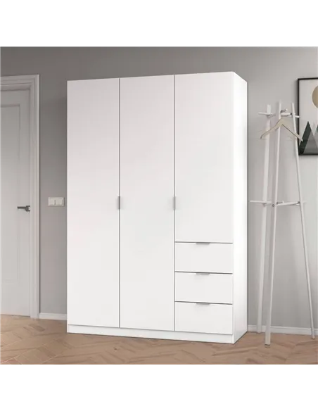 Cairo Artic White Compact 3 Door 3 Drawer Space-Saving 135cm Wardrobe, 3204