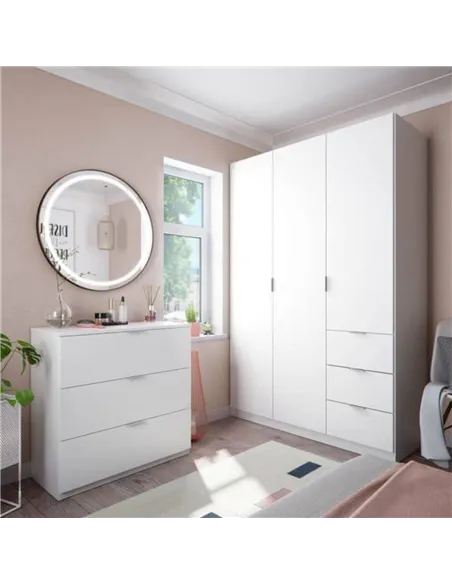 Cairo Artic White Compact 3 Door 3 Drawer Space-Saving 135cm Wardrobe, 3204