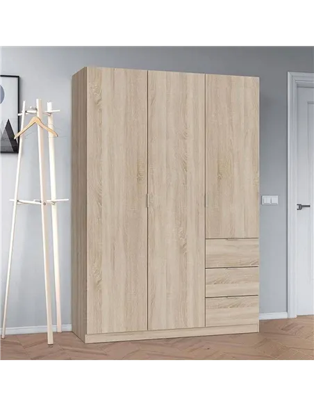 Cairo Oak Effect Compact 3 Door 3 Drawer Space-Saving 135cm Wardrobe, 3205
