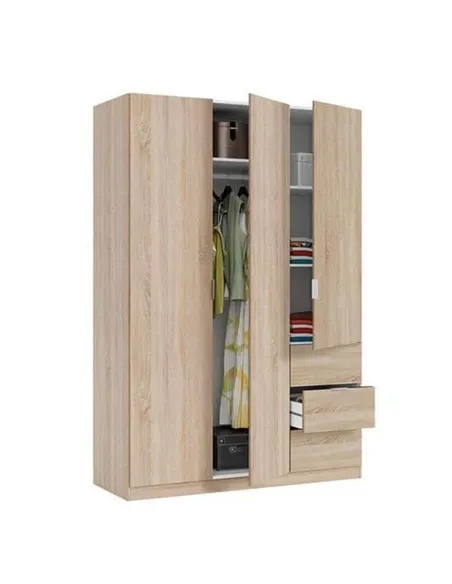 Cairo Oak Effect Compact 3 Door 3 Drawer Space-Saving 135cm Wardrobe, 3205