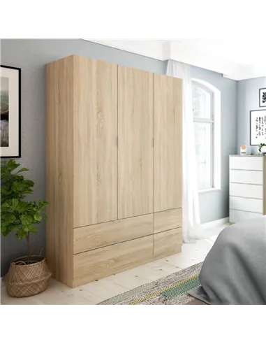 Cairo Oak Effect Compact 3 Door 4 Drawer Space-Saving 135cm Wardrobe, 3206