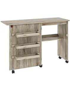 HOMCOM Folding Sewing Table, Drop Leaf Craft Table with Storage Bins, Open Shelf and Wheels, Rolling Sewing Machine Cabinet Comp