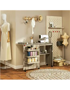 HOMCOM Folding Sewing Table, Drop Leaf Craft Table with Storage Bins, Open Shelf and Wheels, Rolling Sewing Machine Cabinet Comp 2