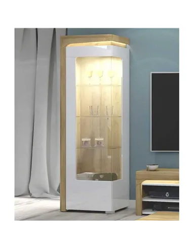 Cadillac Oak Effect And White Gloss LEFT Display Cabinet with LED Lights, 3172