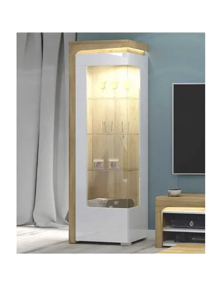 Cadillac Oak Effect And White Gloss LEFT Display Cabinet with LED Lights, 3172