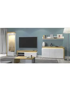 Cadillac Oak Effect And White Gloss LEFT Display Cabinet with LED Lights, 3172 2