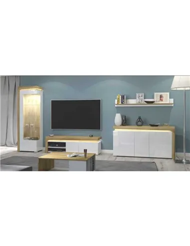 Cadillac Oak Effect And White Gloss LEFT Display Cabinet with LED Lights, 3172