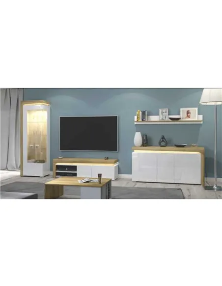 Cadillac Oak Effect And White Gloss LEFT Display Cabinet with LED Lights, 3172