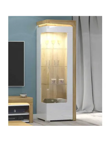 Cadillac Oak Effect And White Gloss RIGHT Display Cabinet with LED Lights, 3173