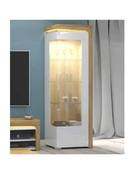 Cadillac Oak Effect And White Gloss RIGHT Display Cabinet with LED Lights, 3173