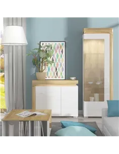 Cadillac Oak Effect And White Gloss RIGHT Display Cabinet with LED Lights, 3173 2