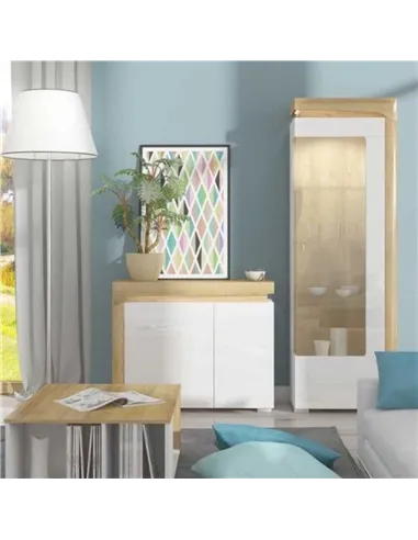 Cadillac Oak Effect And White Gloss RIGHT Display Cabinet with LED Lights, 3173