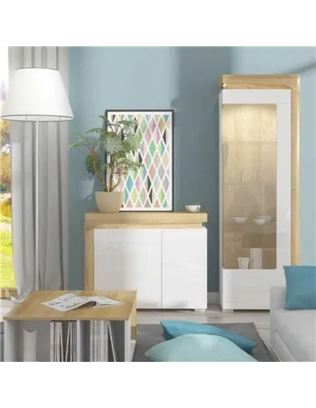 Cadillac Oak Effect And White Gloss RIGHT Display Cabinet with LED Lights, 3173