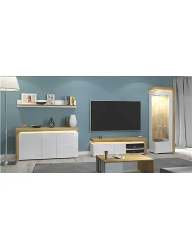 Cadillac Oak Effect And White Gloss RIGHT Display Cabinet with LED Lights, 3173