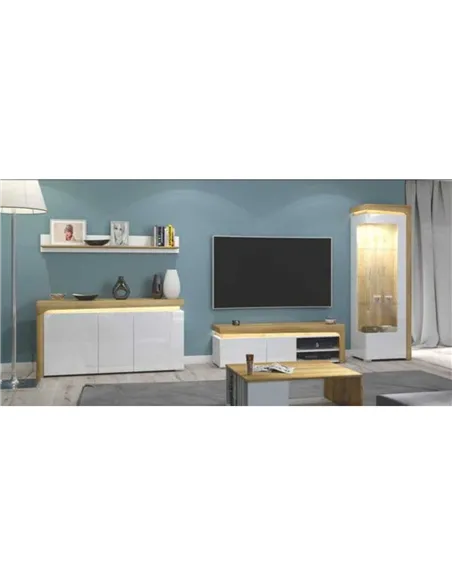 Cadillac Oak Effect And White Gloss RIGHT Display Cabinet with LED Lights, 3173