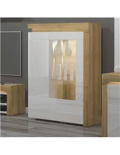 Cadillac Oak Effect And White Gloss Low Wide Display Cabinet with LED Lights, 3174