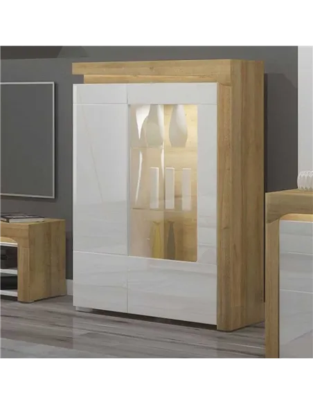 Cadillac Oak Effect And White Gloss Low Wide Display Cabinet with LED Lights, 3174