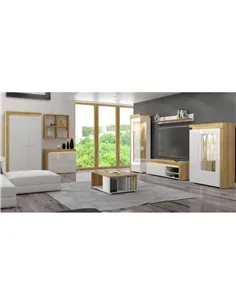 Cadillac Oak Effect And White Gloss Low Wide Display Cabinet with LED Lights, 3174 2