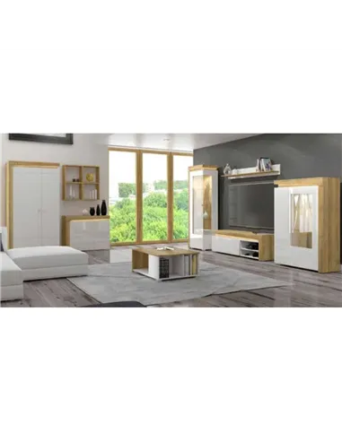 Cadillac Oak Effect And White Gloss Low Wide Display Cabinet with LED Lights, 3174