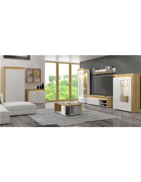 Cadillac Oak Effect And White Gloss Low Wide Display Cabinet with LED Lights, 3174