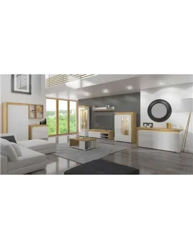 Cadillac Oak Effect And White Gloss Low Wide Display Cabinet with LED Lights, 3174