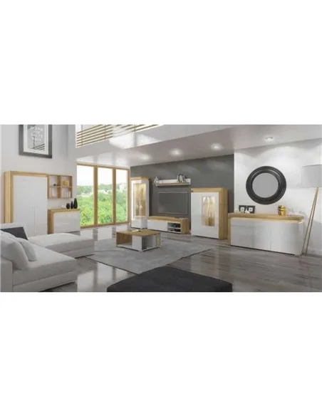 Cadillac Oak Effect And White Gloss Low Wide Display Cabinet with LED Lights, 3174