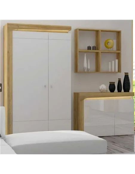 Cadillac Oak Effect And White Gloss 2 Door Wardrobe With LED Lights, 3175