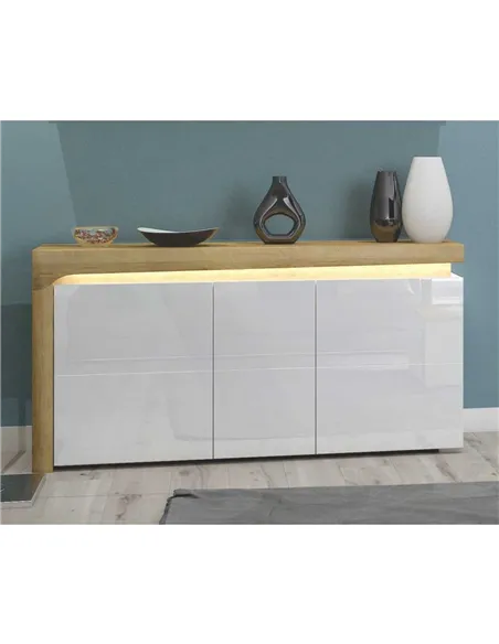 Cadillac Oak Effect and White Gloss 3 Door Sideboard With Lights, 3177