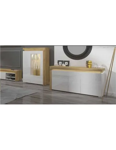 Cadillac Oak Effect and White Gloss 3 Door Sideboard With Lights, 3177