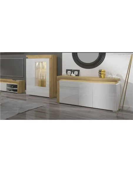 Cadillac Oak Effect and White Gloss 3 Door Sideboard With Lights, 3177