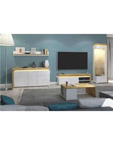 Cadillac Oak Effect and White Gloss 3 Door Sideboard With Lights, 3177