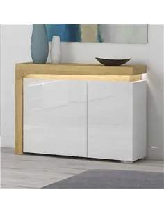 Cadillac Oak Effect And White Gloss 2 Door Small Sideboard With Lights, 3178