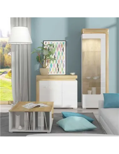 Cadillac Oak Effect And White Gloss 2 Door Small Sideboard With Lights, 3178