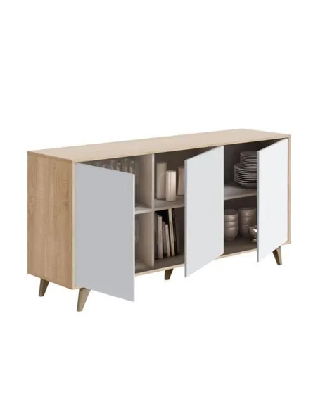 Casablanca White And Oak Effect 3 Door Wide Sideboard, 3216